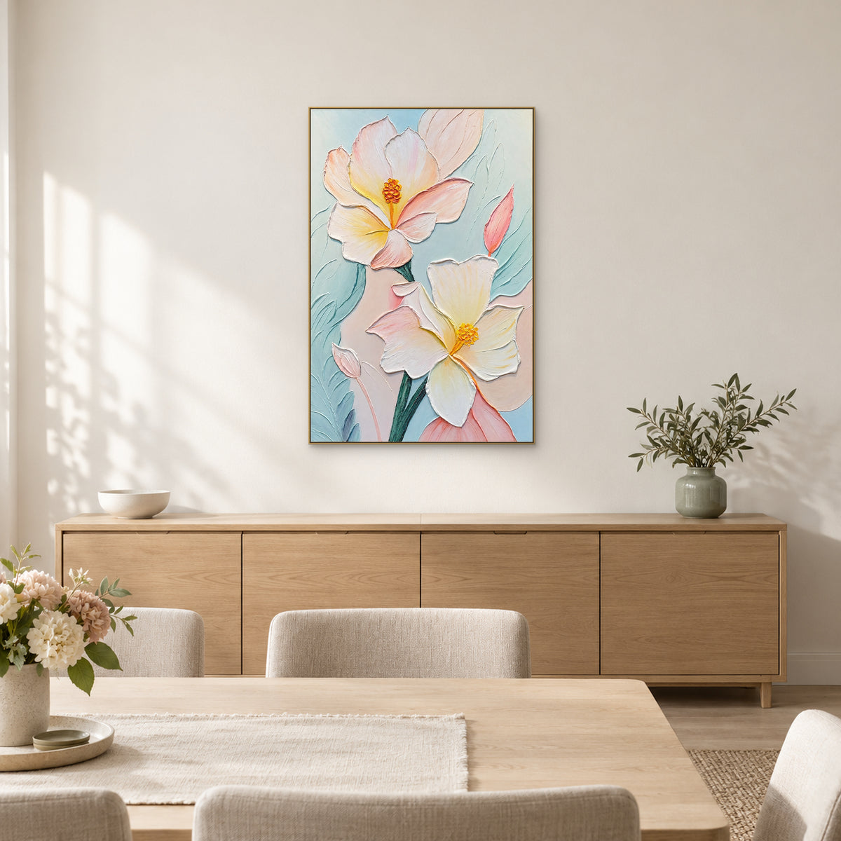 Cream and pink floral relief in a champagne-coloured frame above a long wooden sideboard in a light dining room