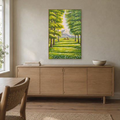 Deer and mountain woodland painting in a champagne-tone frame centred above a light oak sideboard