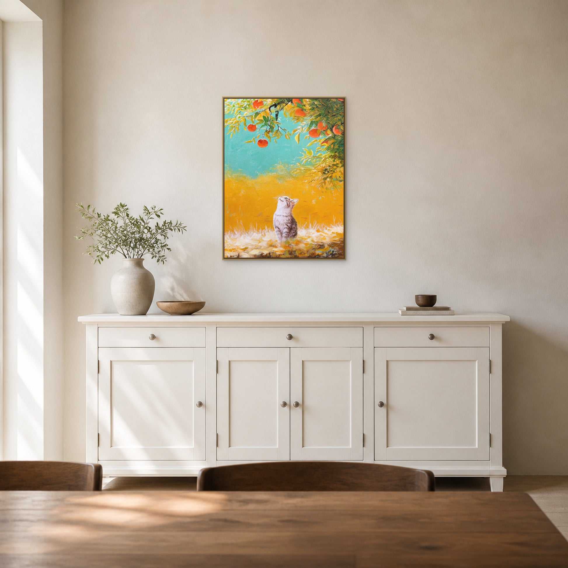 Beneath the Persimmon Tree in a slim champagne floating frame above a warm-white sideboard in a bright dining room