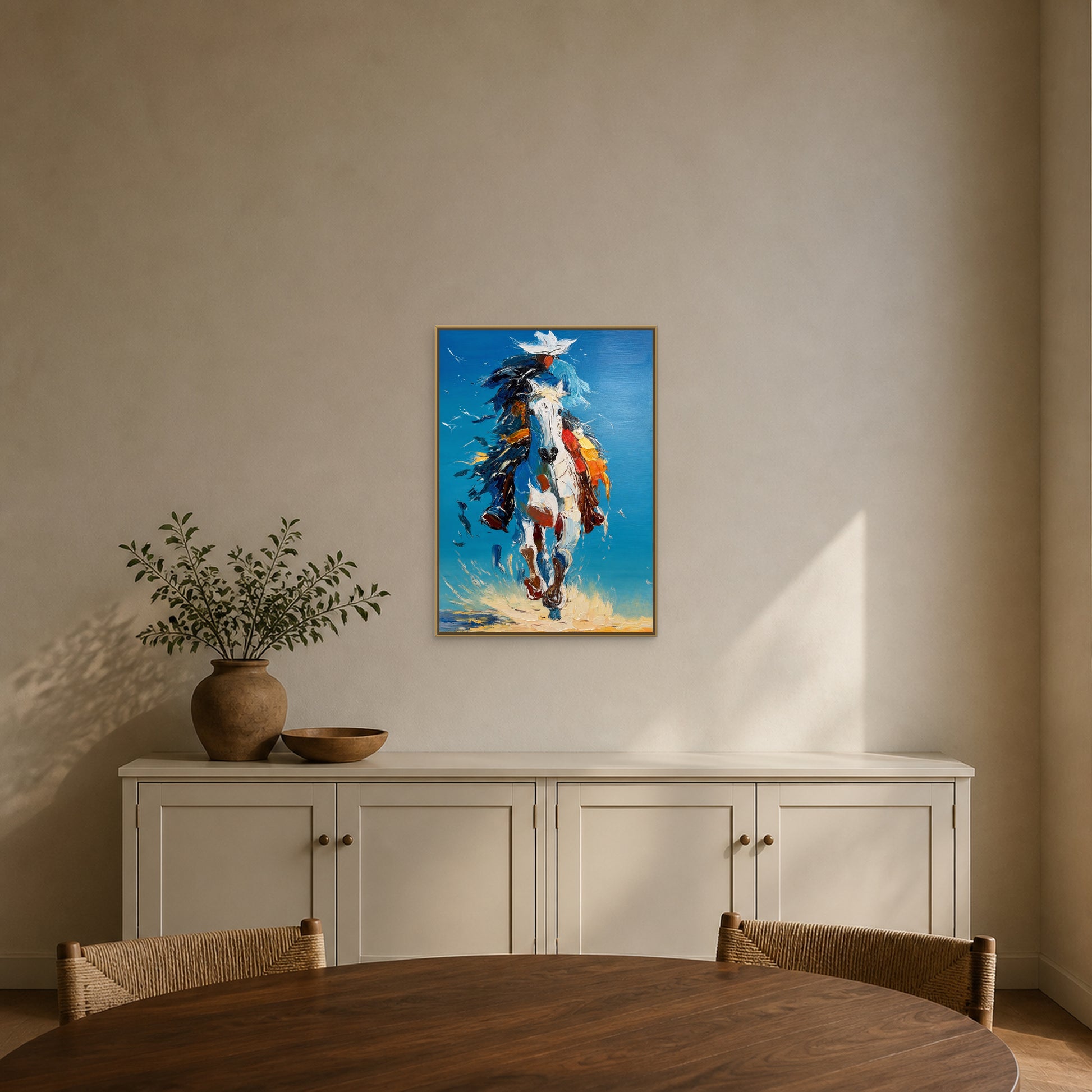Galop sous le ciel bleu dans un fin cadre flottant champagne centré au-dessus d’un buffet en bois peint dans une salle à manger gris sable