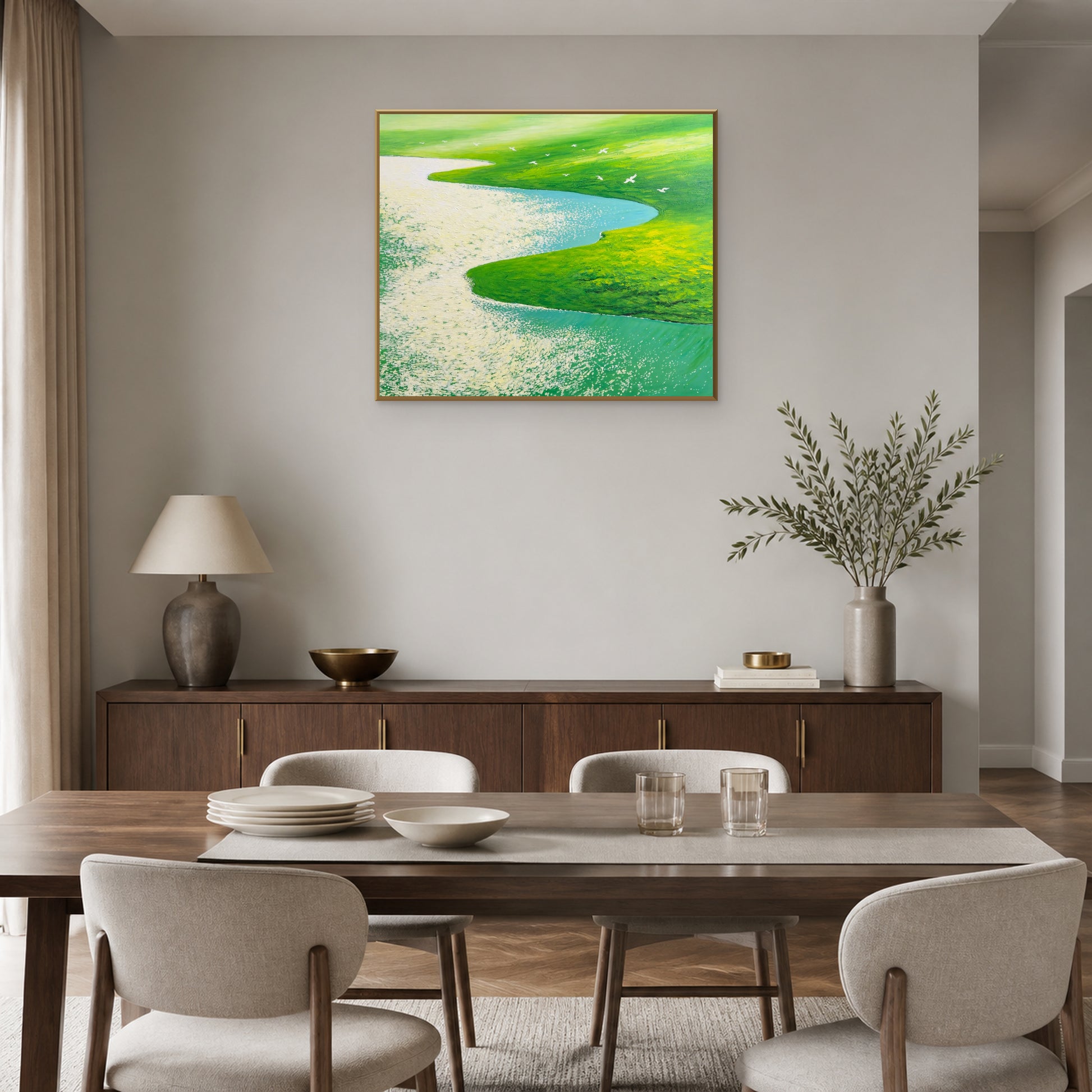 Flight Over Green Meadows in a slim champagne floating frame above a walnut dining room sideboard