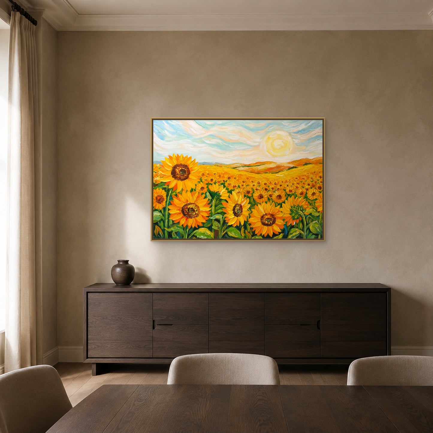 Sunflower field painting in a slim champagne floating frame above a dark-oak dining sideboard