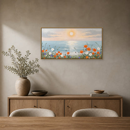 Coastal Bloom at Sunrise in a slim champagne floating frame above an oak sideboard in a sand-grey dining room