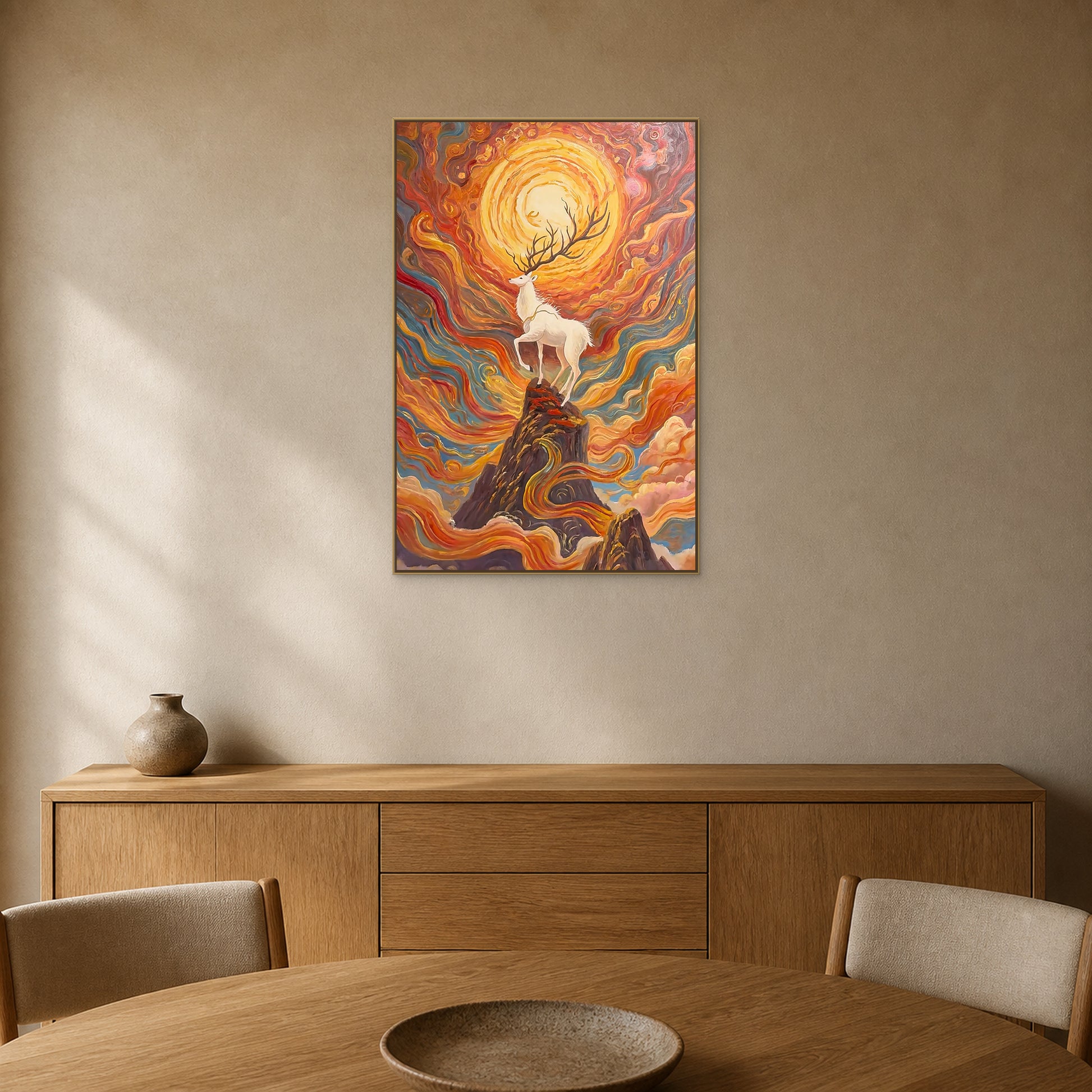 Tableau du soleil rayonnant et du cerf blanc dans une fine caisse américaine champagne au-dessus d’un buffet de salle à manger en chêne