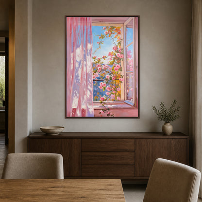Tableau de fenêtre rose ouverte sur des roses dans une salle à manger aux meubles en bois