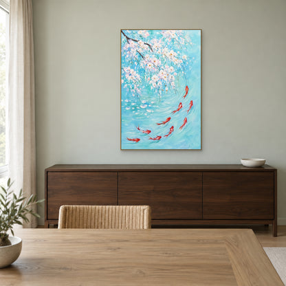 Carpes sous les fleurs blanches dans un cadre flottant champagne, au-dessus d’un buffet en noyer foncé sur un mur sauge pâle de salle à manger.