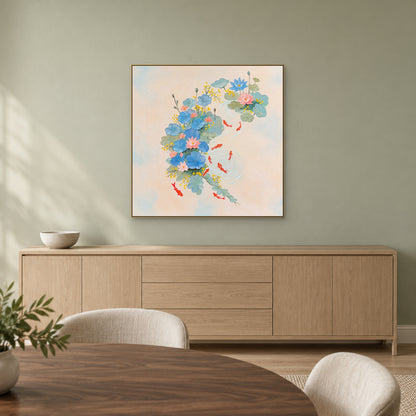 Square red koi and blue lotus painting in a champagne-toned frame above an oak-toned dining sideboard