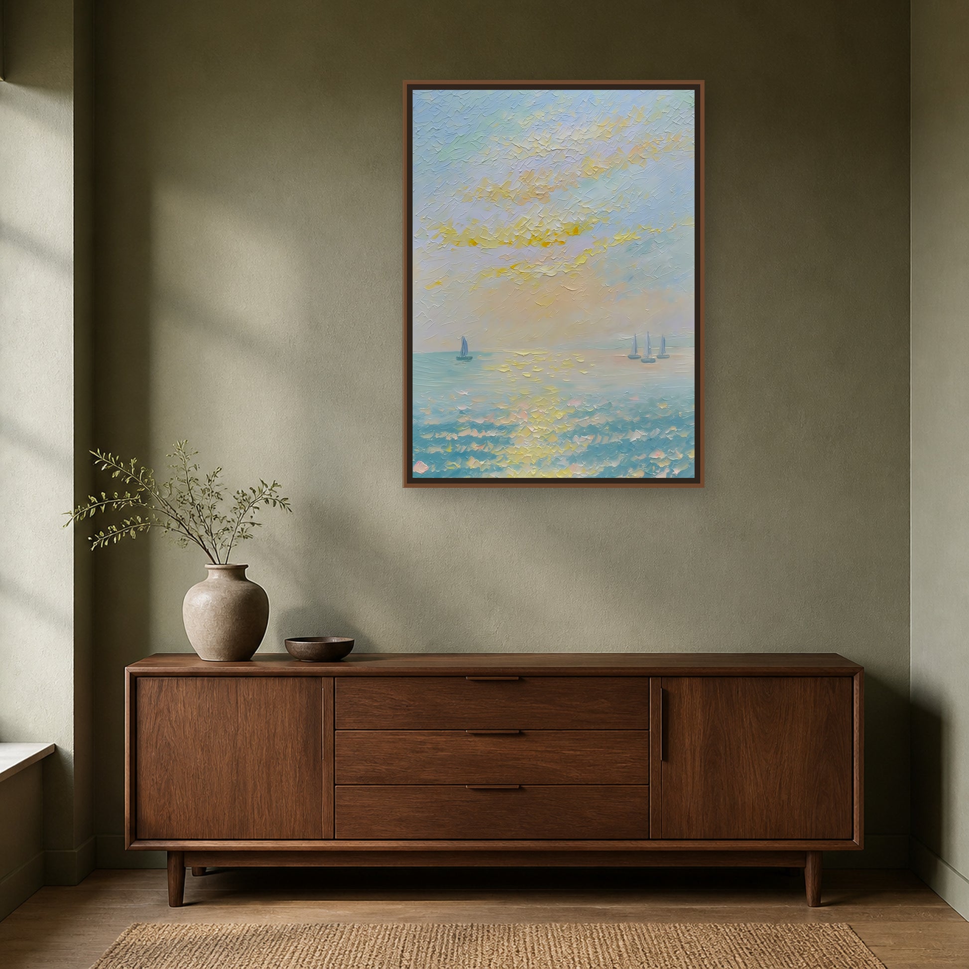 Sails on a Golden Sea in a slim wood floating frame above a walnut sideboard on a sage wall