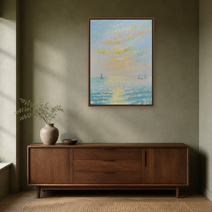 Sails on a Golden Sea in a slim wood floating frame above a walnut sideboard on a sage wall