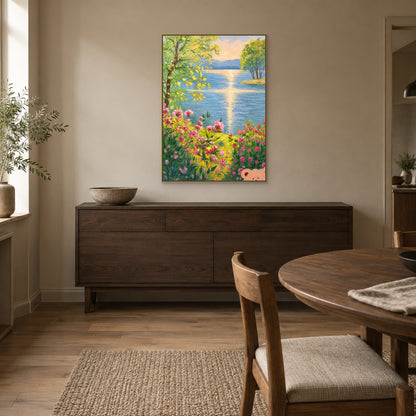 Lake and flower landscape in a champagne-toned floating frame above a dark wood sideboard beside a round dining table