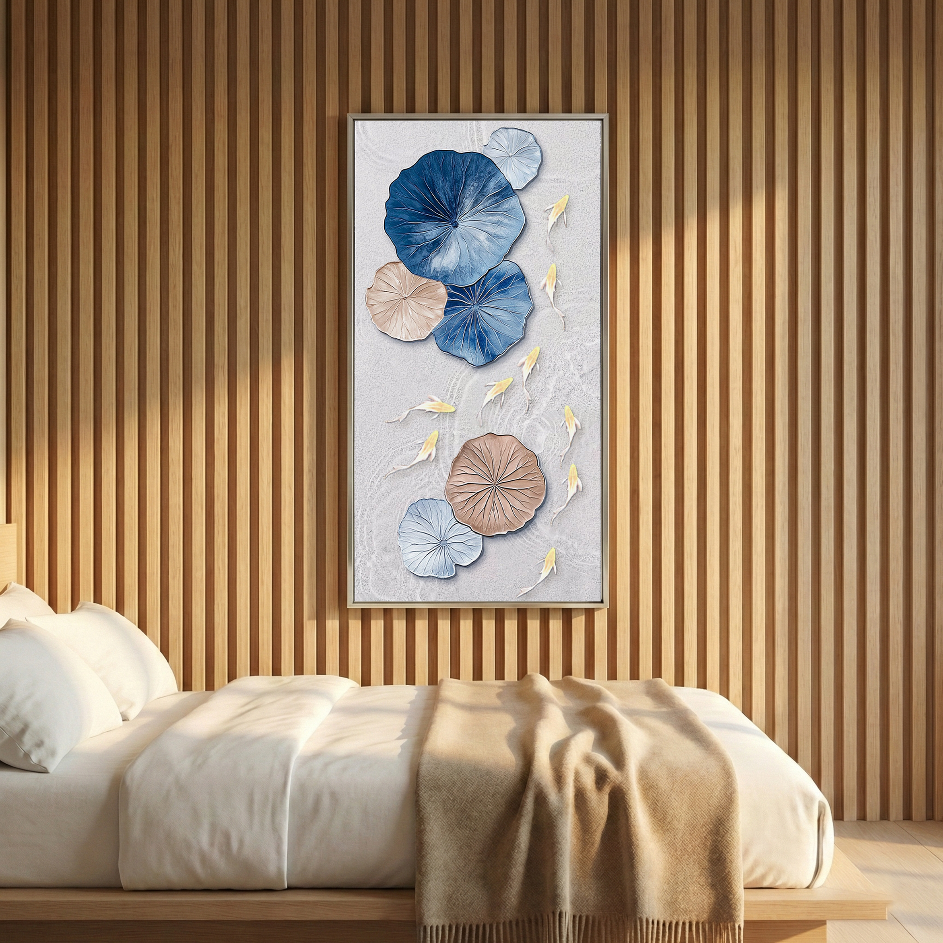 Lotus Drift above a low bed against a warm wood slat wall