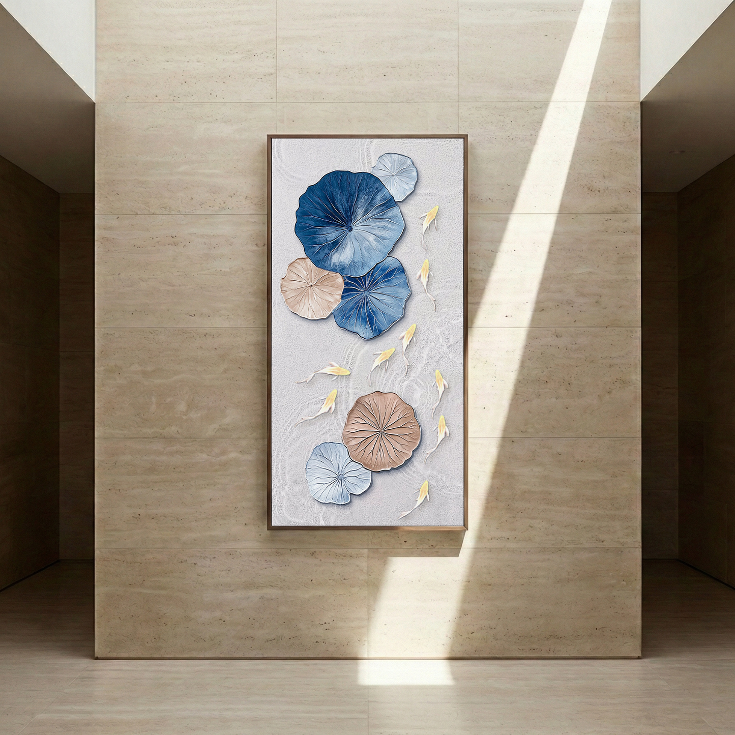 Lotus Drift displayed on a pale stone wall in a villa entry