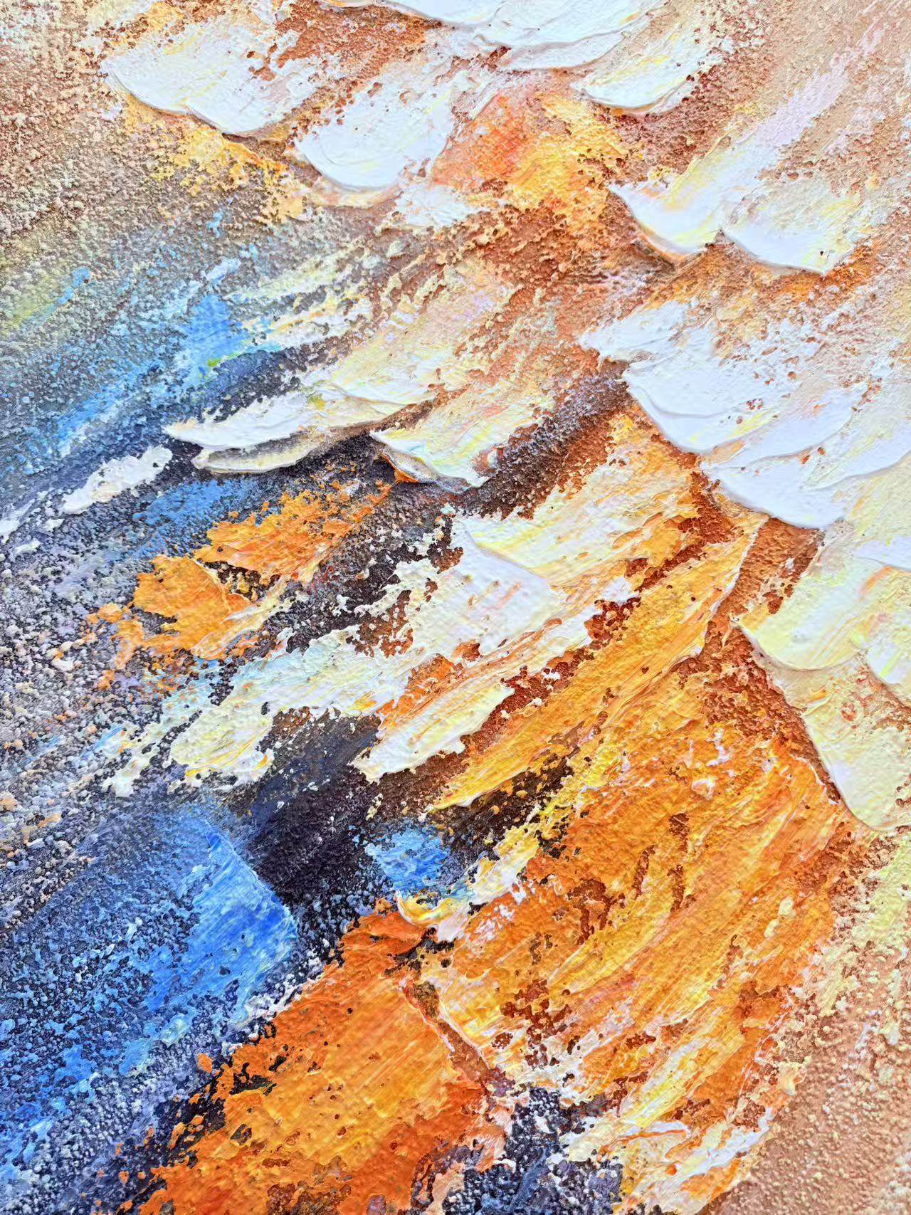 Close view of Meridian Strata blue, orange and cream impasto texture