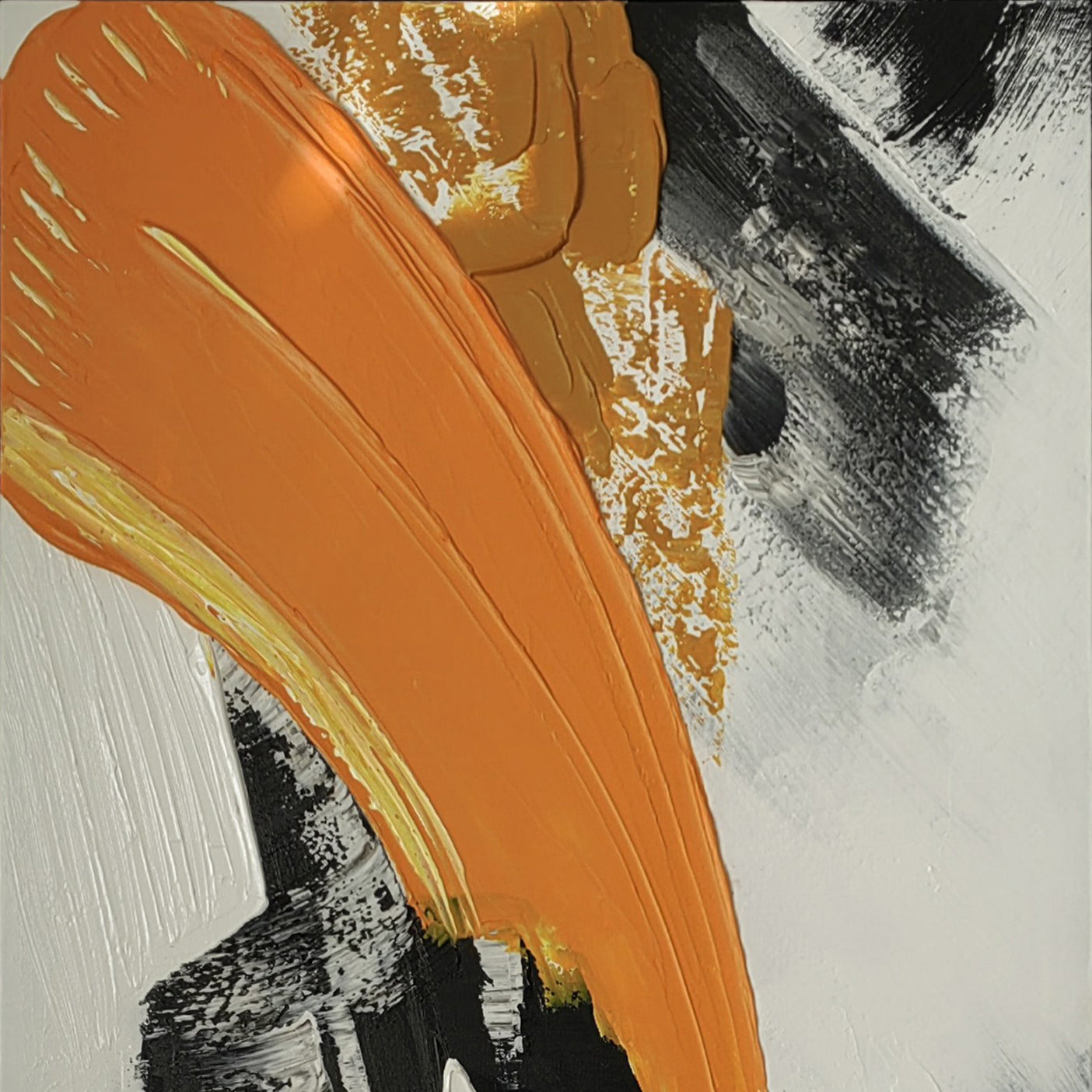 Close view of The Terra broad orange impasto and black brushwork