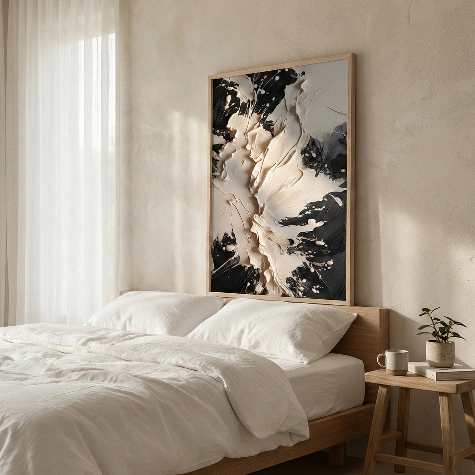 The Void above a wood bed in a neutral bedroom