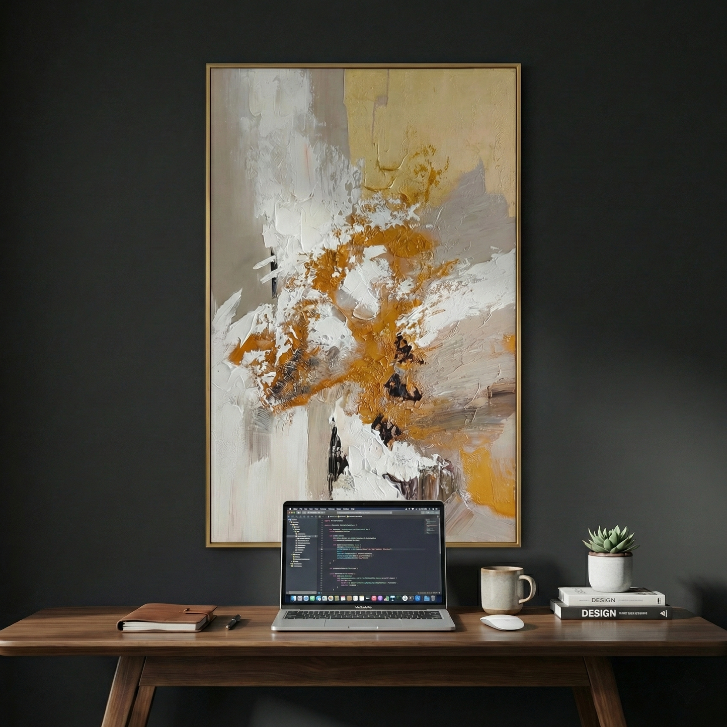 Aeterna ochre impasto wall art in a dark modern home office