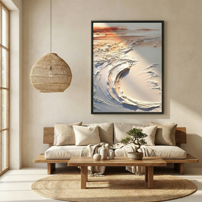 Aegean Oscillation styled in a warm neutral Japandi living room