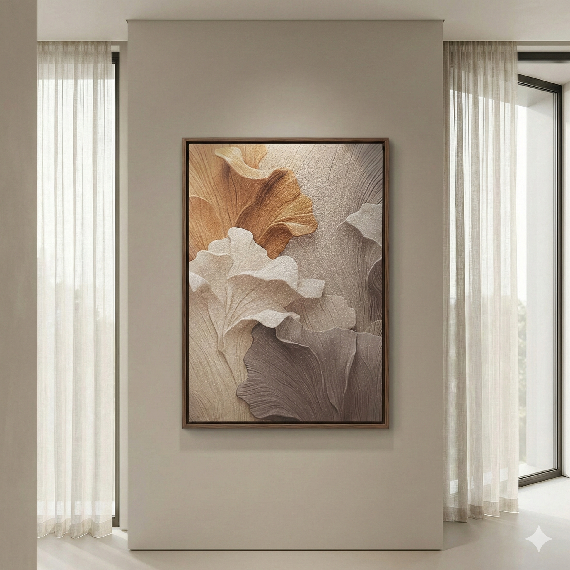 Falling Ginkgo displayed on a wall between two bright windows