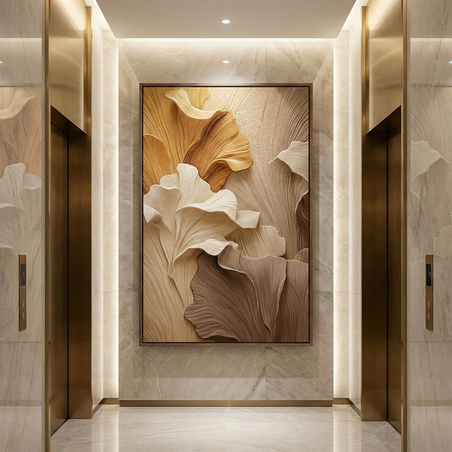 Falling Ginkgo textured leaf artwork in a hotel elevator lobby