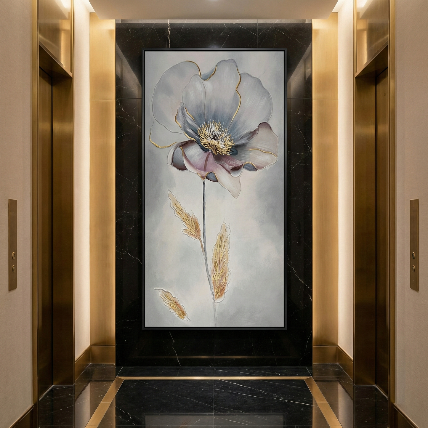 Aurelian Silence blue-gray and gold-toned flower art in a lift lobby