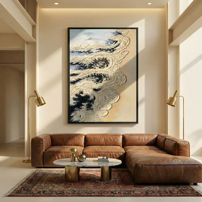 Calcified Meridian above a brown leather sectional in a bright loft