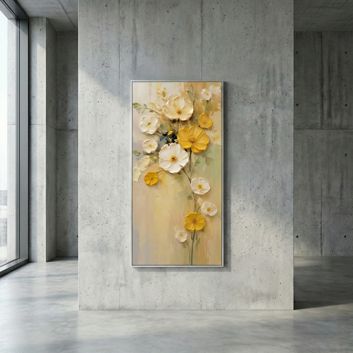 Cosmos Aeterna floral wall art against a concrete office wall