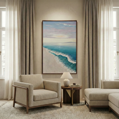 Ethereal Tide coastal artwork in a calm neutral bedroom