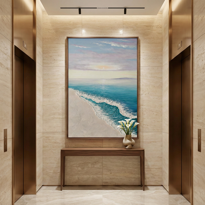 Ethereal Tide coastal statement art in a hotel elevator lobby