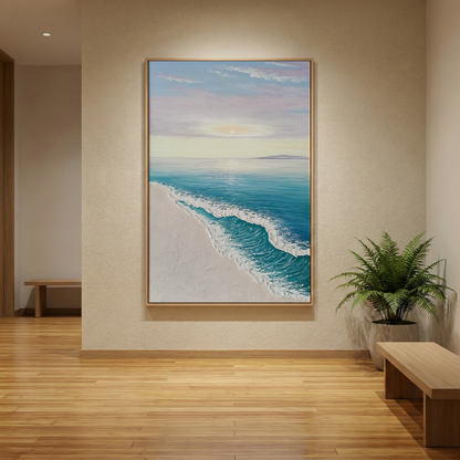 Ethereal Tide turquoise shoreline art in a warm spa interior