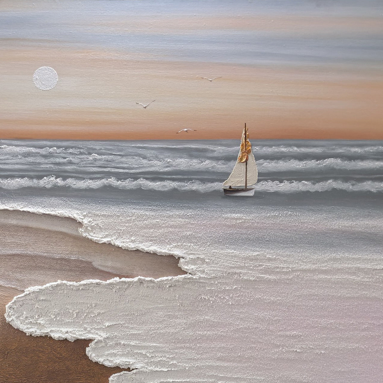 Close view of Eventide Flux sailboat, gray surf and peach horizon