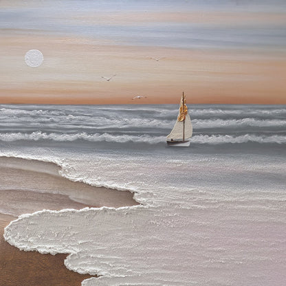 Close view of Eventide Flux sailboat, gray surf and peach horizon