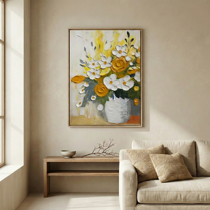 Solaris Impasto above a neutral sofa in a bright living room