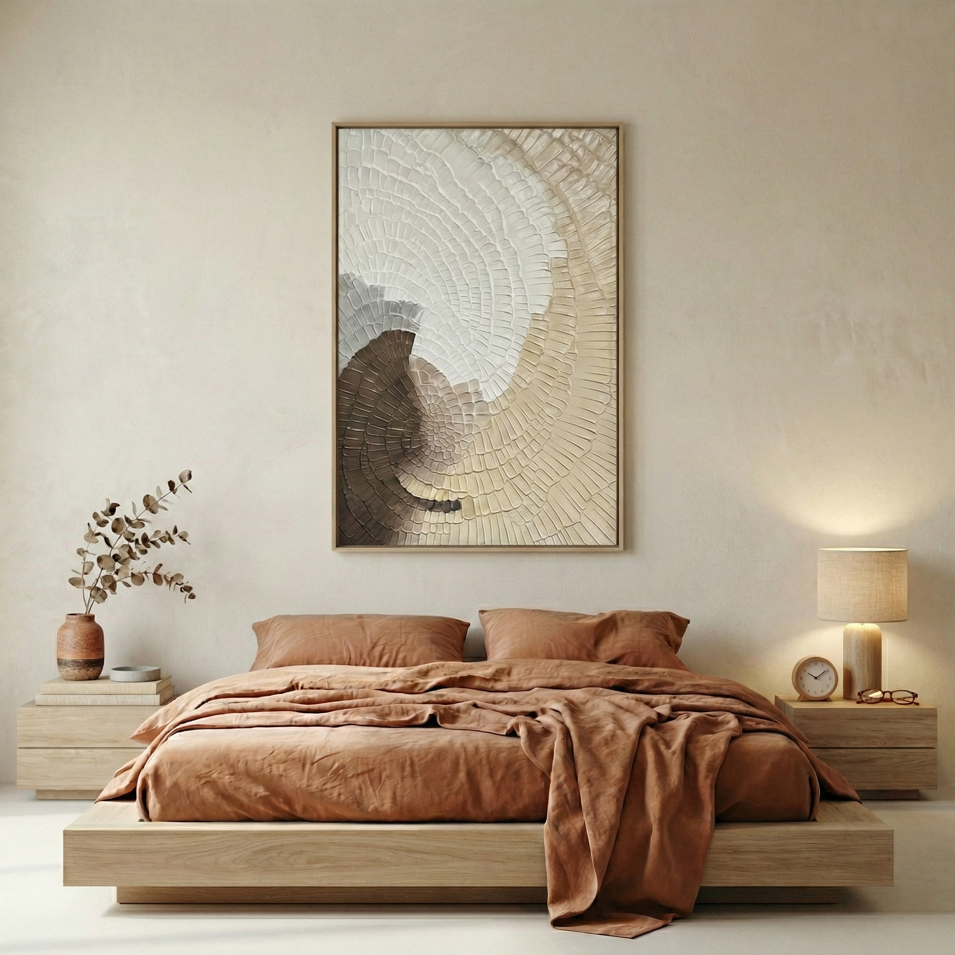 Kanso Flux above a terracotta bed in a light wood bedroom