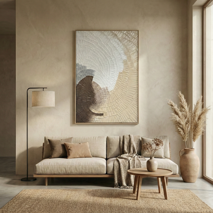 Kanso Flux above a cream sofa in a warm neutral living room