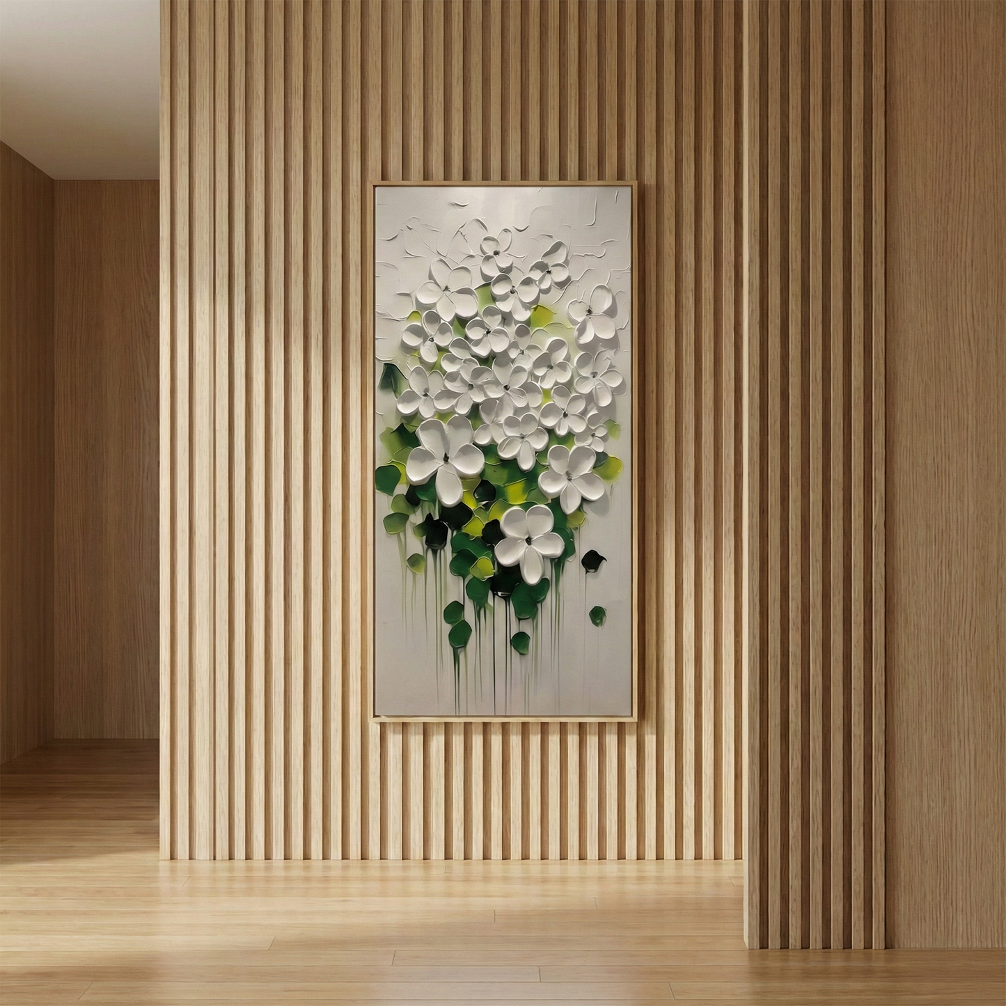 Lumina Sculpted Flora on a vertical wood slat hallway wall
