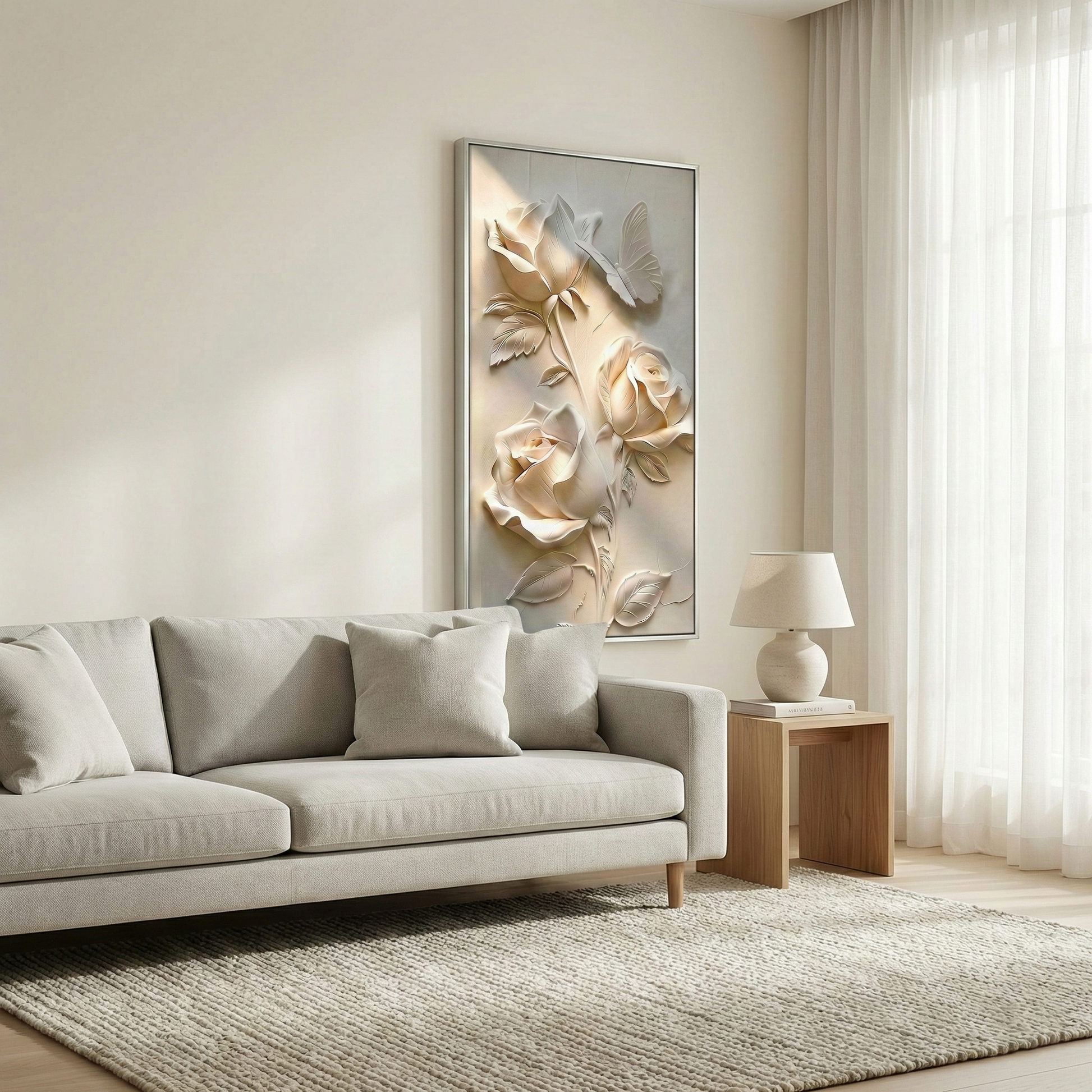 Luminous Petal ivory rose art behind a cream living room sofa
