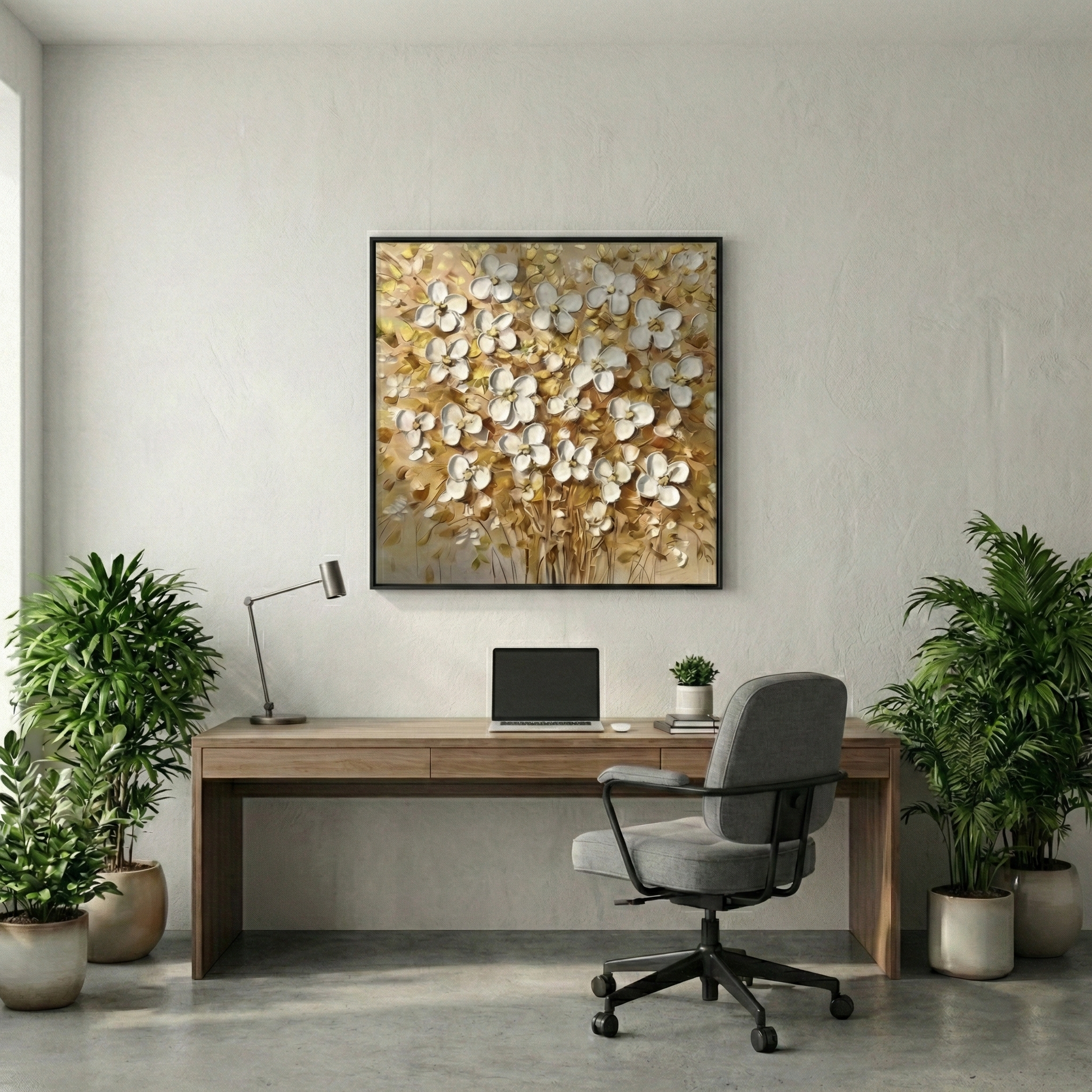 Aurum Botanica square floral wall art above a home office desk