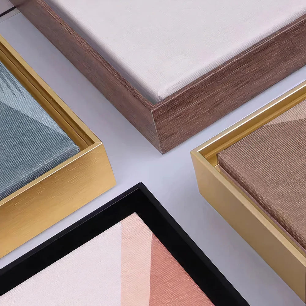 Close-up of floating frame corners showing the gap between the frame and canvas