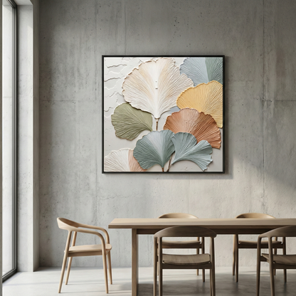 The Ancient Resilience square botanical relief in a concrete dining room
