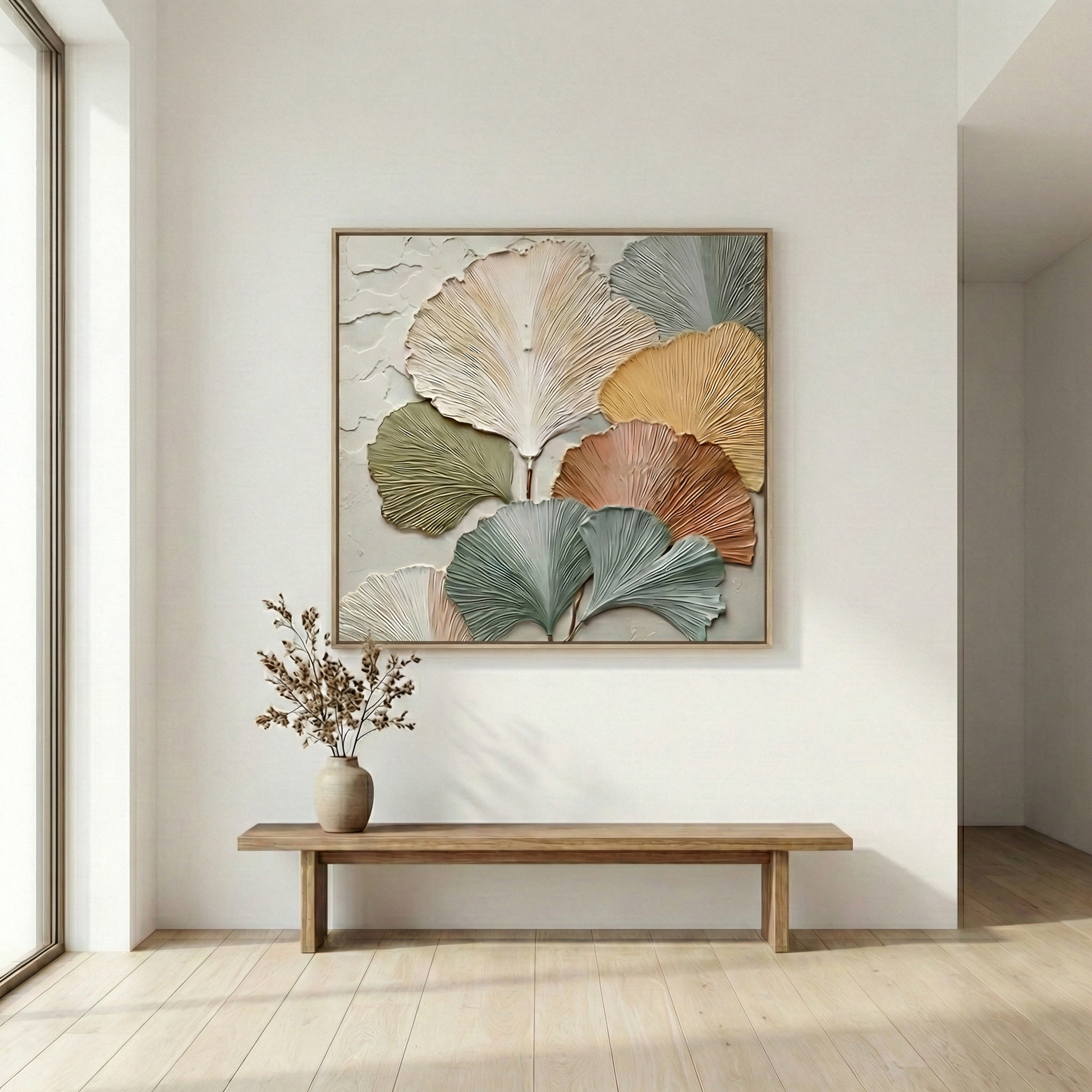 The Ancient Resilience above a wood bench in a bright entryway