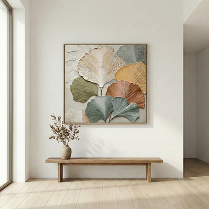 The Ancient Resilience above a wood bench in a bright entryway