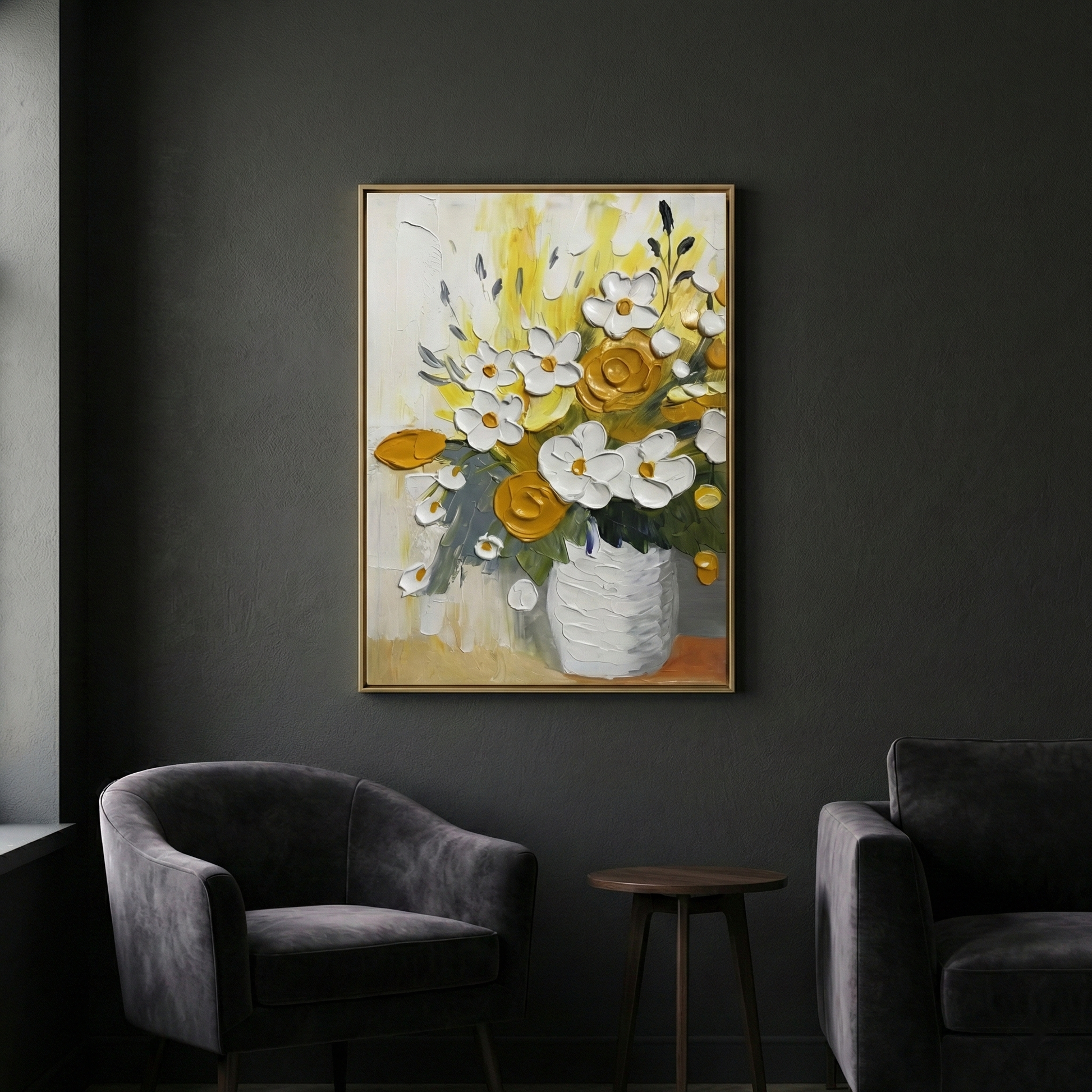 Solaris Impasto yellow floral artwork against a charcoal wall