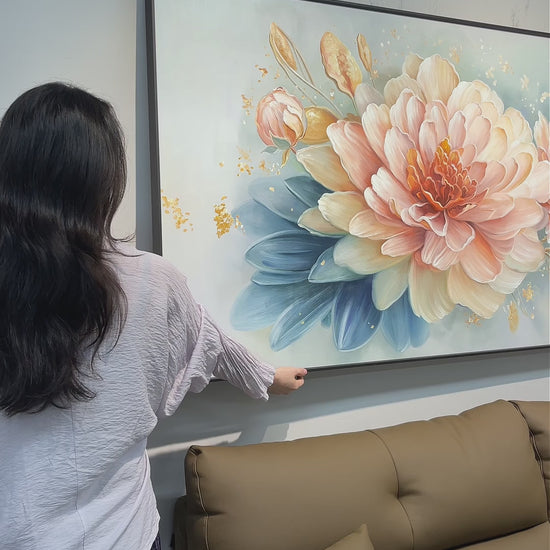 Video of the peony painting from an angled display through close-ups of petals and leaves, ending with the full framed composition