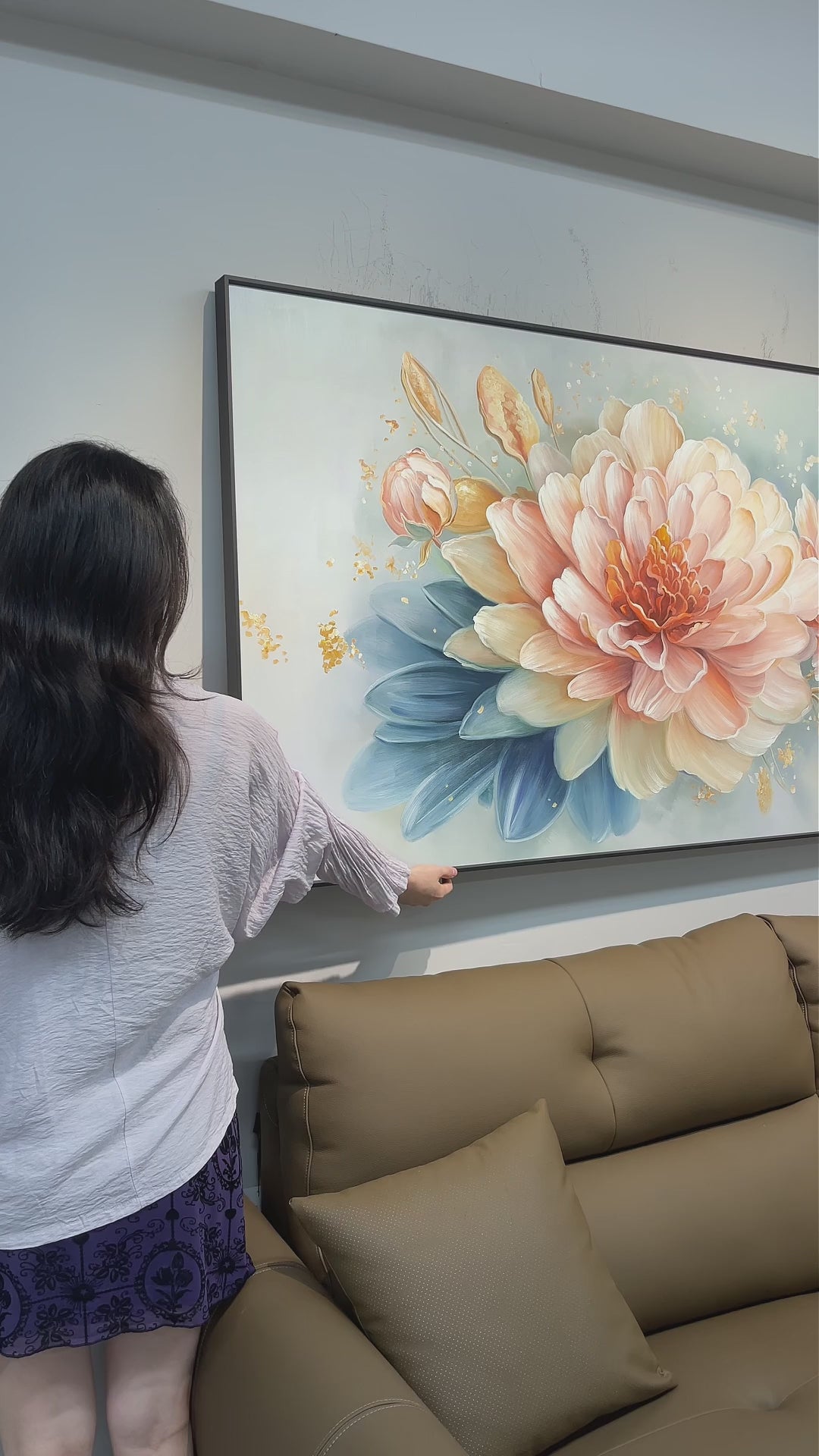 Video of the peony painting from an angled display through close-ups of petals and leaves, ending with the full framed composition