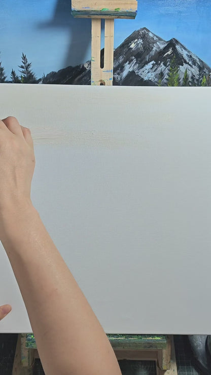 Painting a misty pine forest from the pale ground and distant trees to dark branches, green undergrowth and the finished canvas