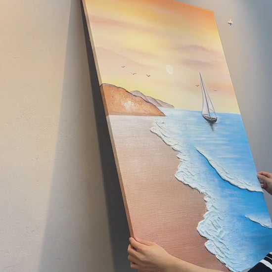 Vertical sailboat painting placed on a wall, surface demonstration and close views of raised foam, pale sun and white sails