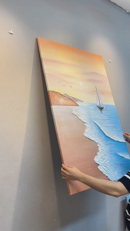 Vertical sailboat painting placed on a wall, surface demonstration and close views of raised foam, pale sun and white sails