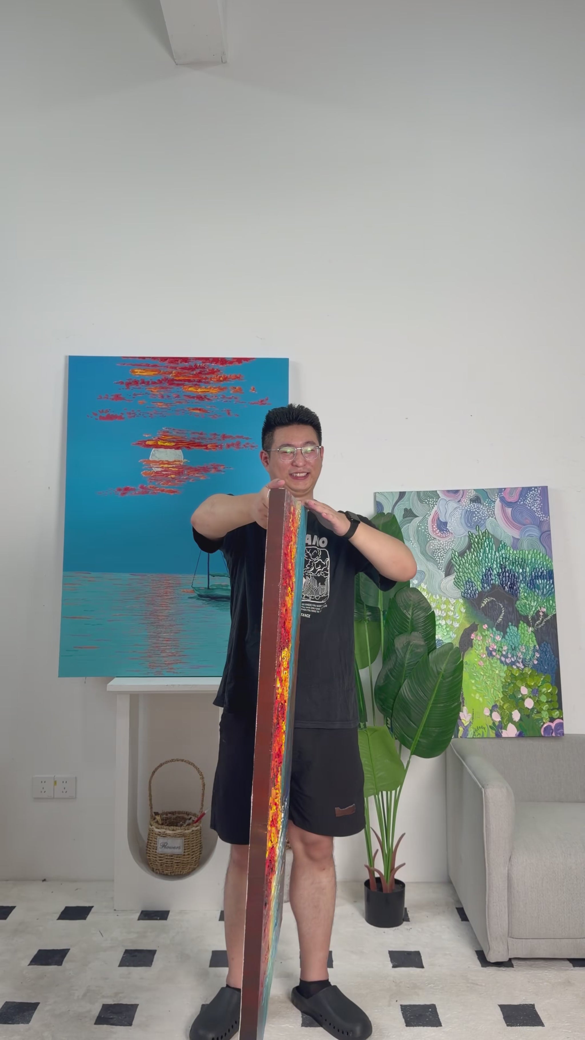 Workshop video showing the hand-painted autumn lake moving from a side profile to a complete frontal view