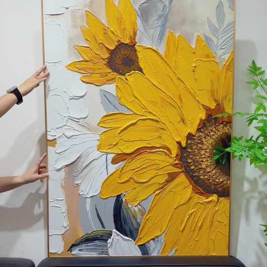 Full view of the sunflower painting, close-ups of its raised petals and flower centres, then a hallway wall display