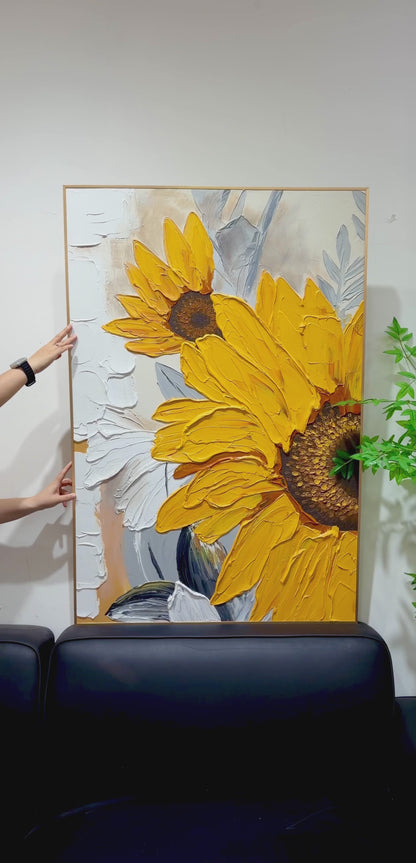 Full view of the sunflower painting, close-ups of its raised petals and flower centres, then a hallway wall display